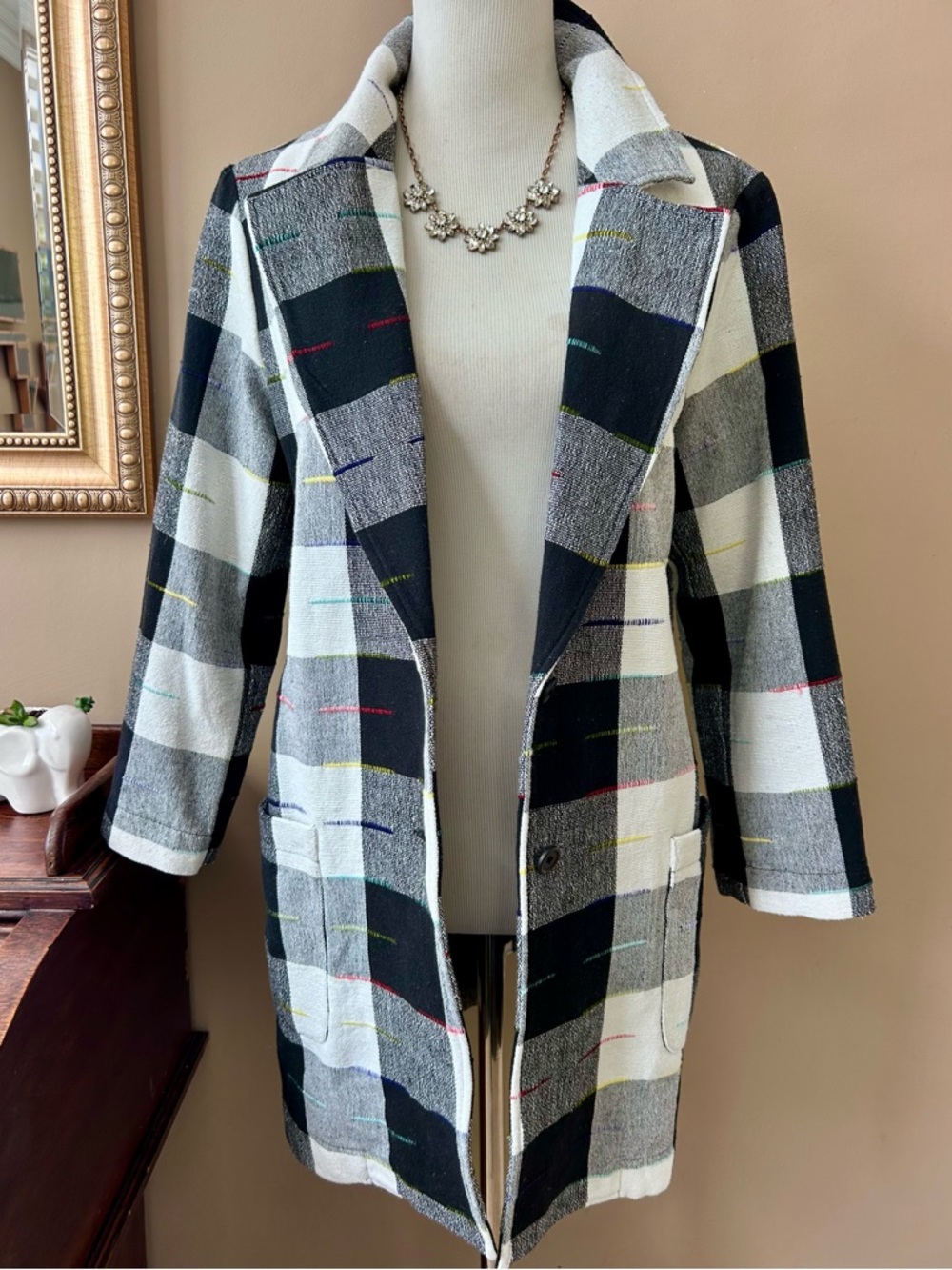 Anthropologie The Odells Cairo Plaid Blazer Jacket Black White Gingham Check L - Picture 4 of 16